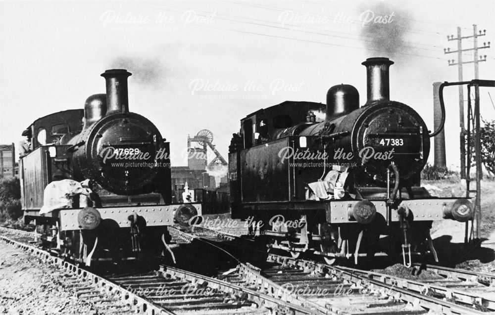 Two Class 3F 0-6-0 Jinty Tank Locomotives (Black with BR late emblem) at the Williamthorpe Colliery,