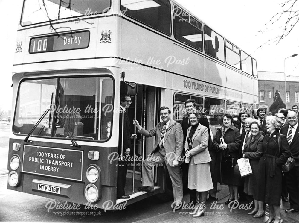 Mayor with new bus, celebrating 100 years of Derby Public Transport.