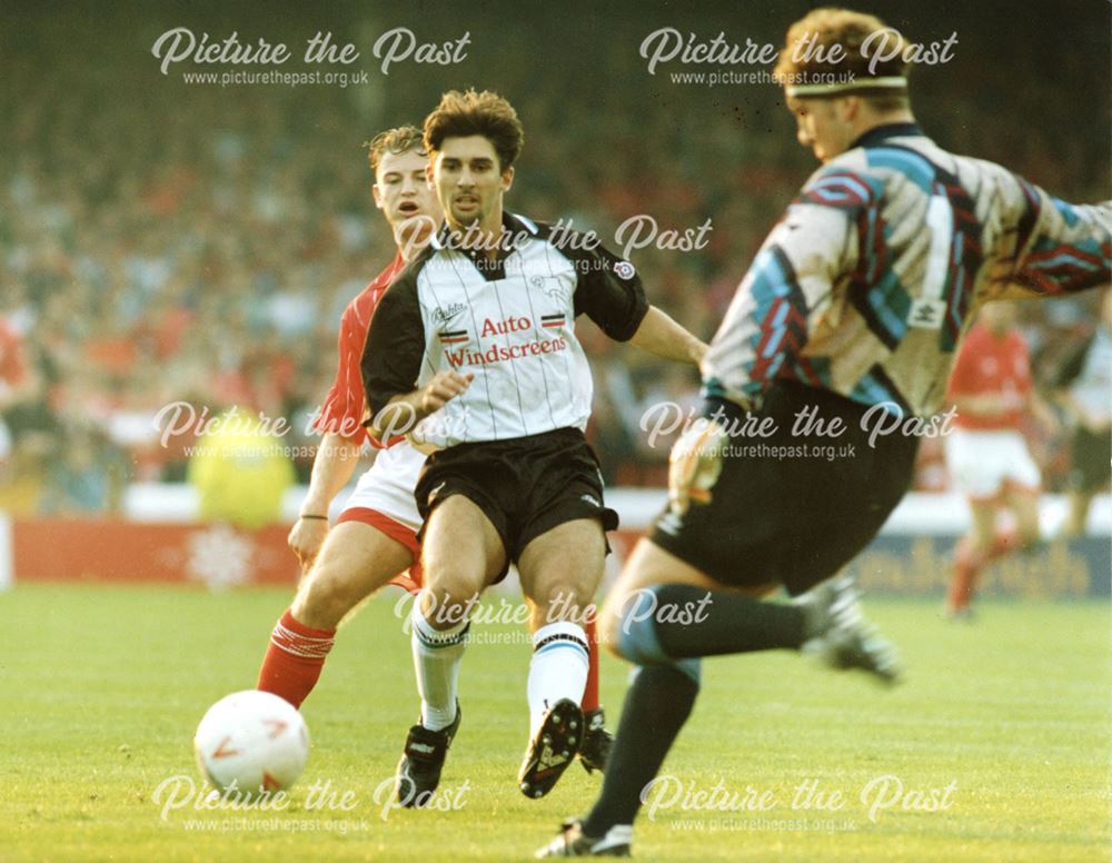 Paul Kitson of Derby County FC, Colin Cooper and Mark Crossley of Nottingham Forest FC,City Ground, 