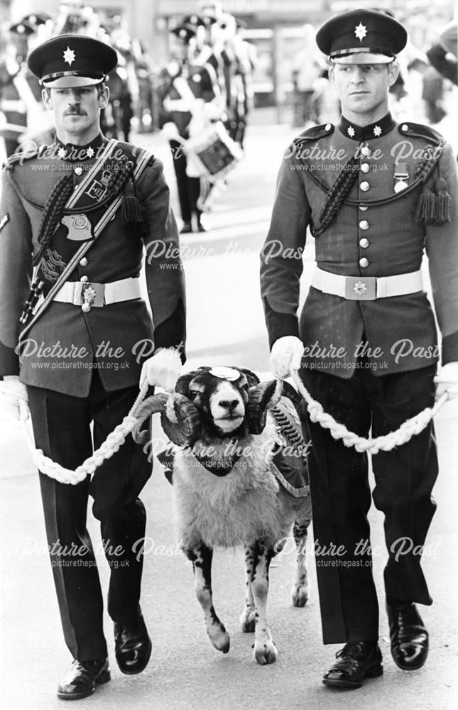 Parade of the Worcestershire and Sherwood Foresters, with 'Derby' the regimental mascot ram, Derby, 