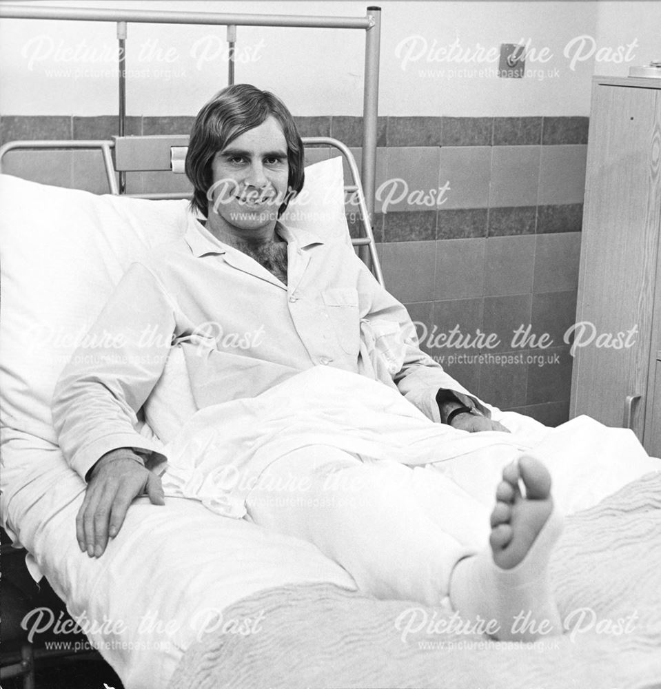 Derby County Football Club striker Jeff Bourne in Hospital, c 1975