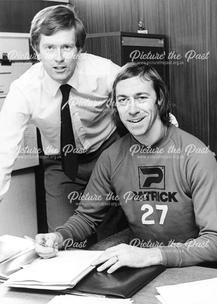 Michel Dunford, club secretary, and Charlie George signing for Derby County Football Club in 1982