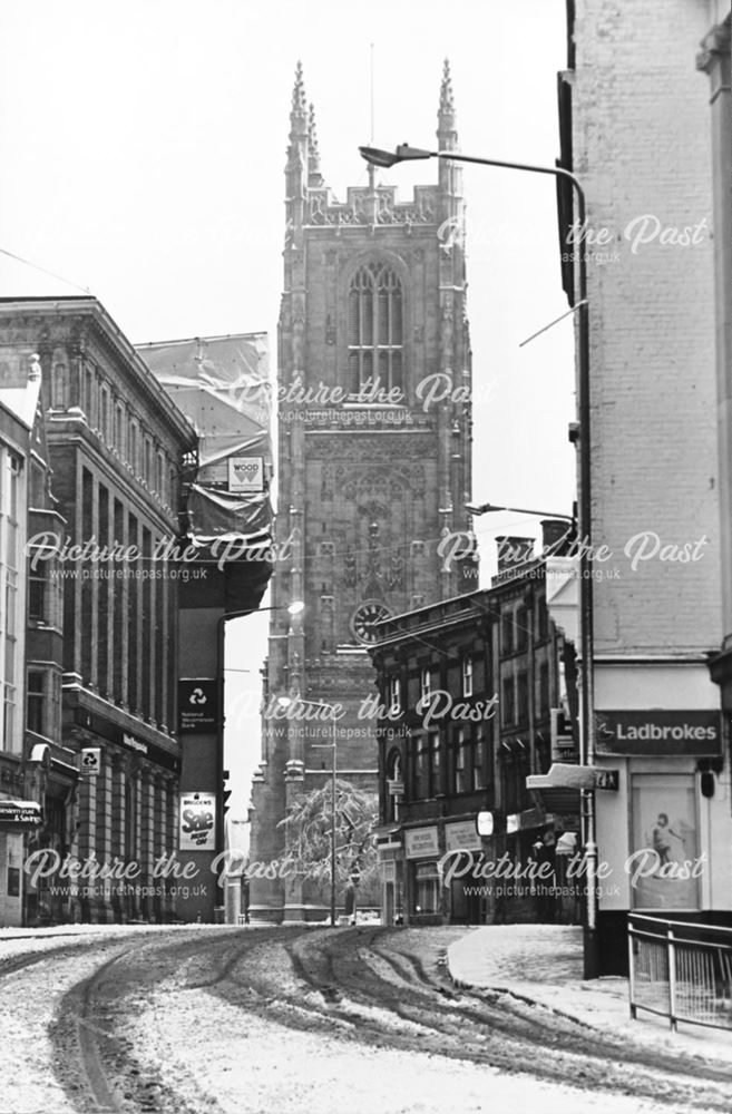 Snow on Irongate, looking towards Derby Cathedral