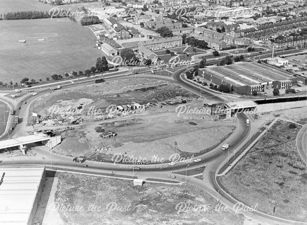 Aerial view of the Pentagon Island and new A52 junction under construction