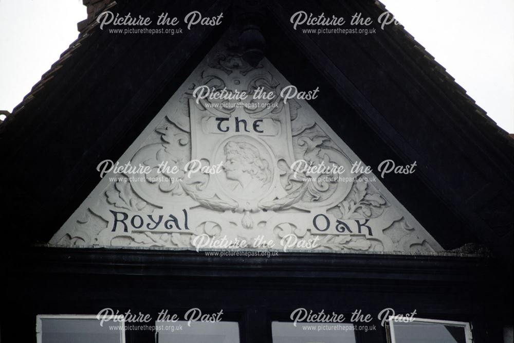 The former Royal Oak Pub, Derby - Architectural detail of plasterwork on the gable end.