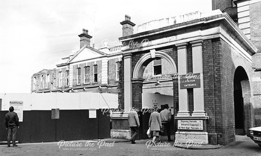 Temporary station entrance during the demolition of the old Derby Midland Railway Station