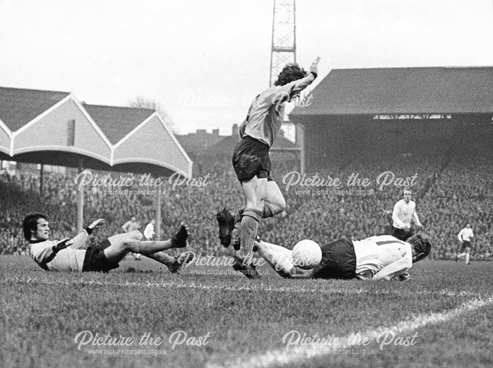 Derby County's John McGovern is fouled Against Wolves, Wolverhampton, 1971