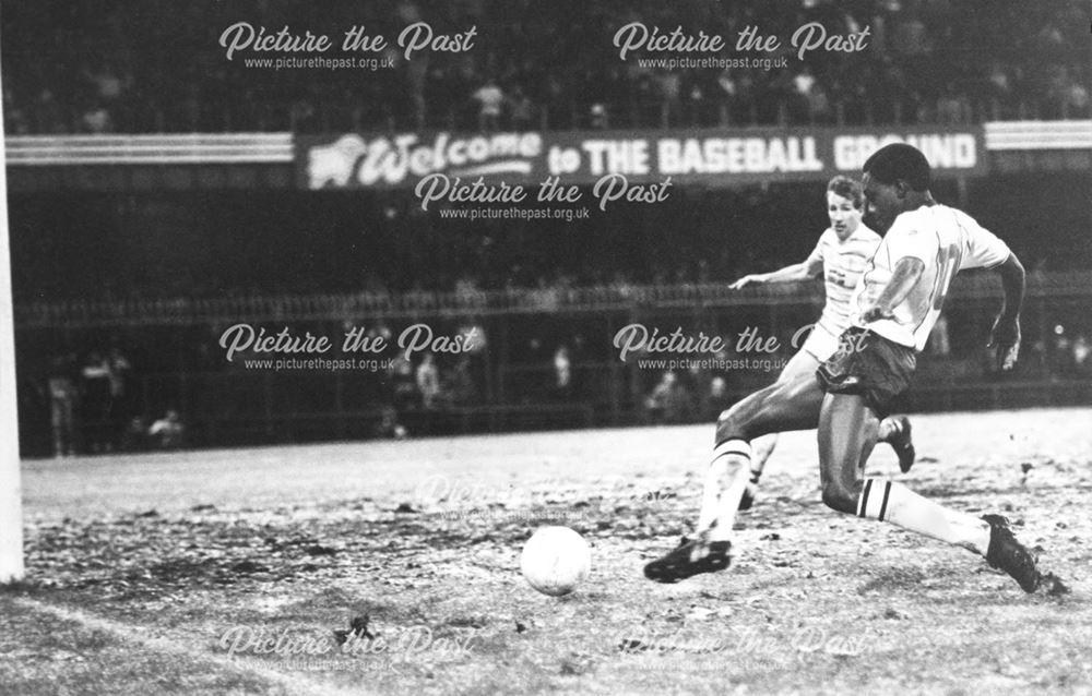 Calvin Plummer scores for the Rams vs Chelsea, Baseball Ground, Derby, 1984