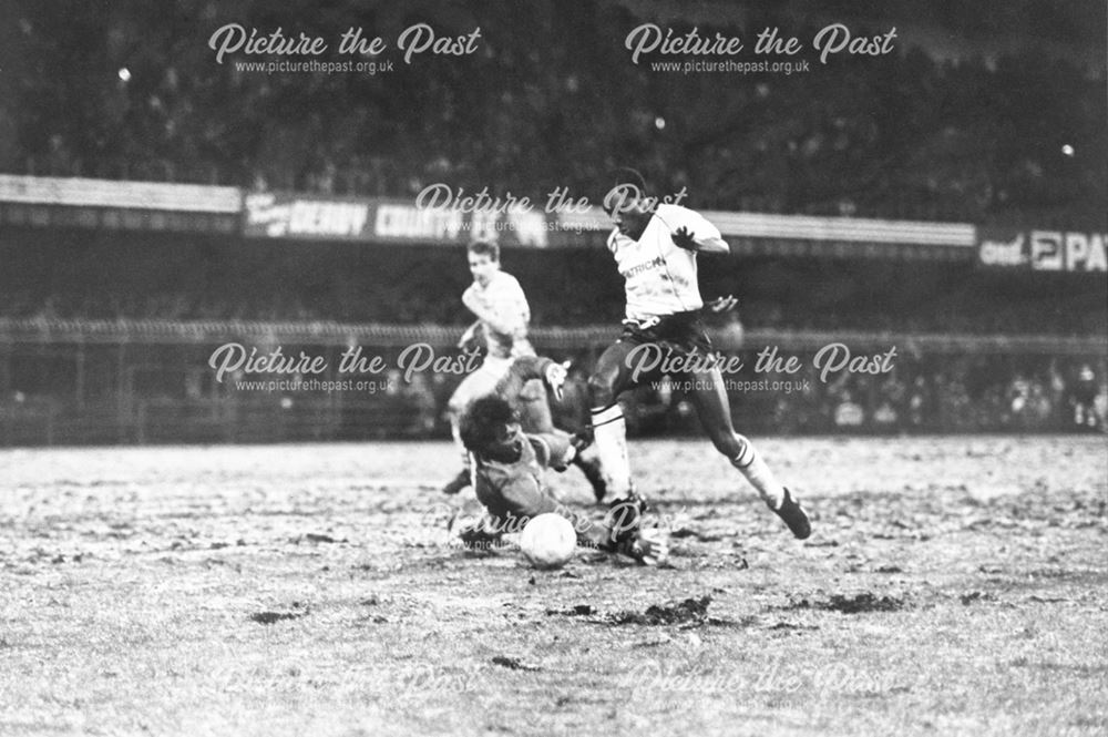 Calvin Plummer scores for the Rams vs Chelsea, Baseball Ground, Derby, 1984