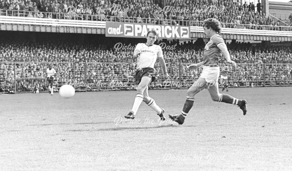 Derby County's Bobby Campbell scores against Oldham Athletic, Baseball Ground, Derby, 1983