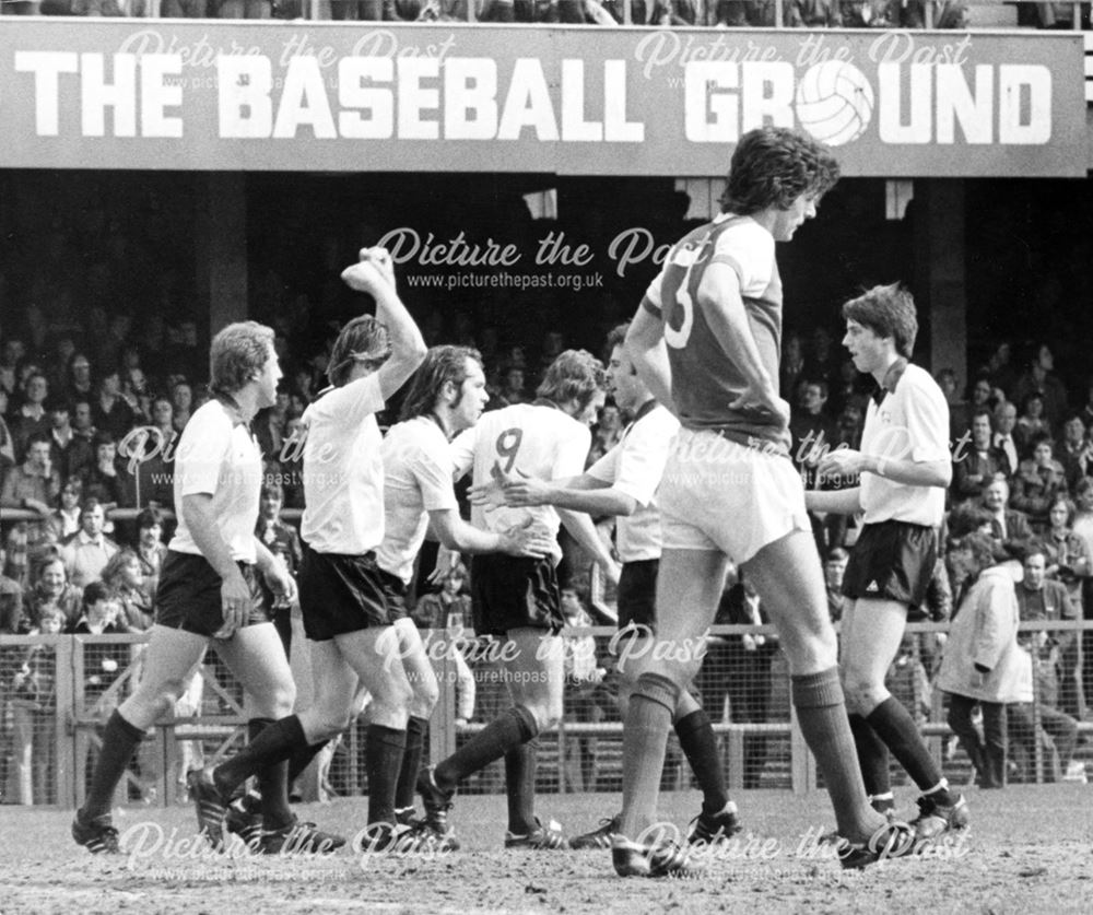 Derby County celebrate Gerry Daly's goal