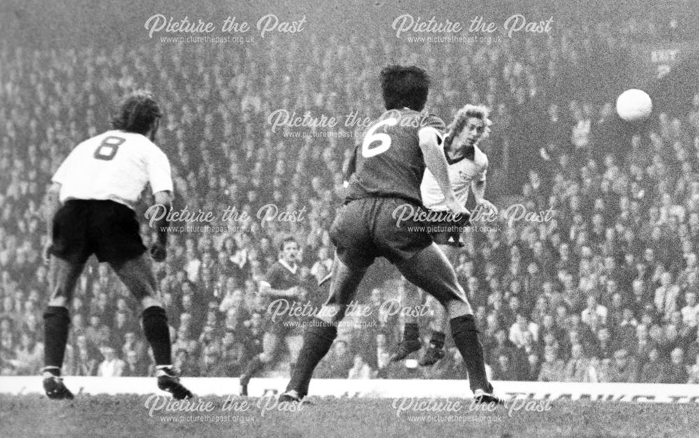 Charlie George heads goalwards for Derby County at Anfield, Liverpool, 1978