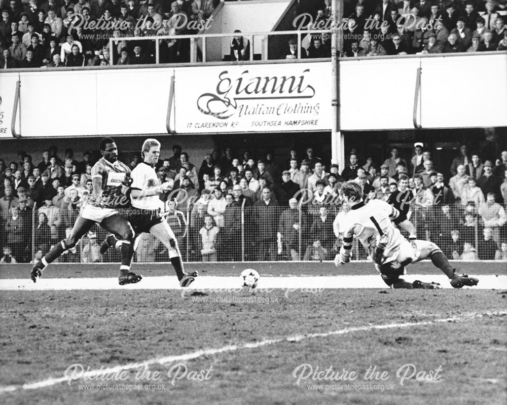 Derby County striker Phil Gee at Fratton Park, Portsmouth, 1988