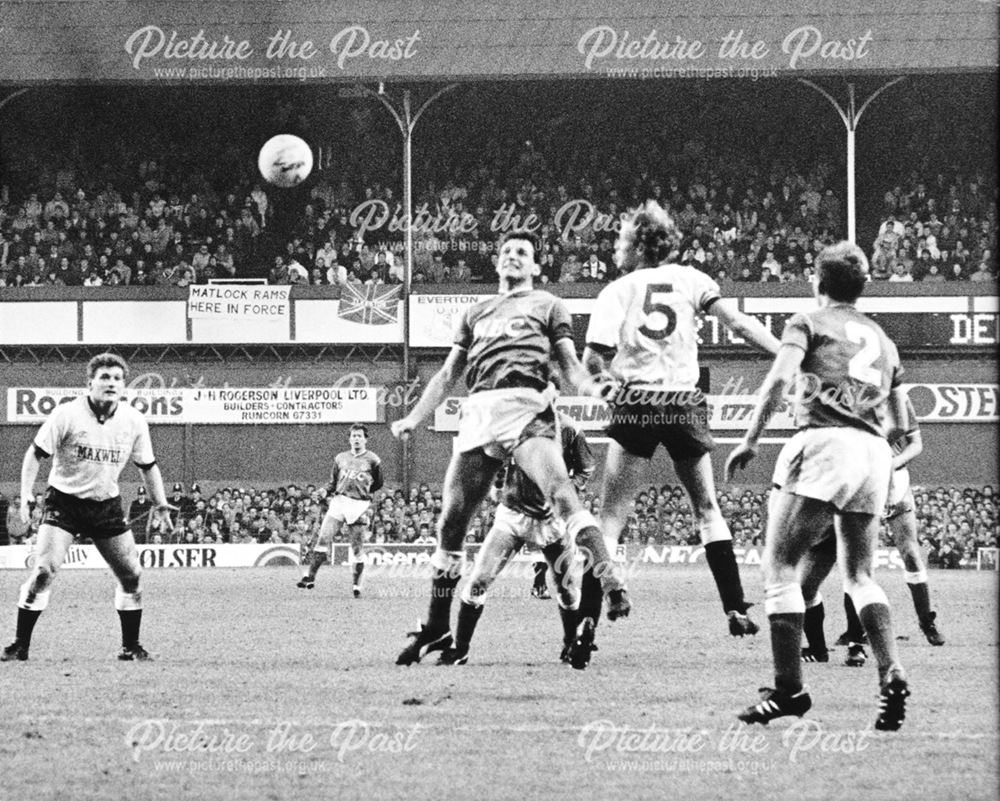 Mark Wright heads clear for Derby County Against Everton, Liverpool, 1987