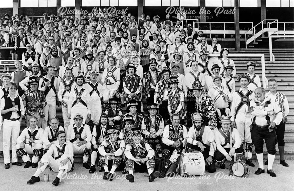 A gathering of Morris dancers at Uttoxeter Racecourse, 1982