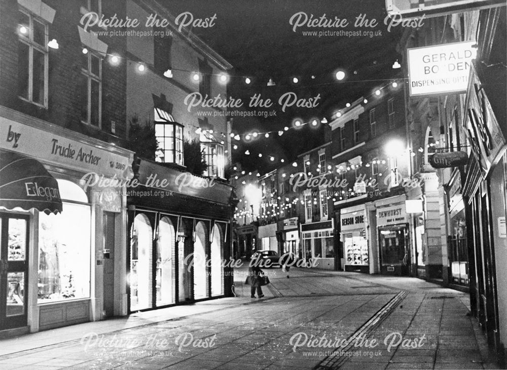 Christmas lights on Sadlergate at night