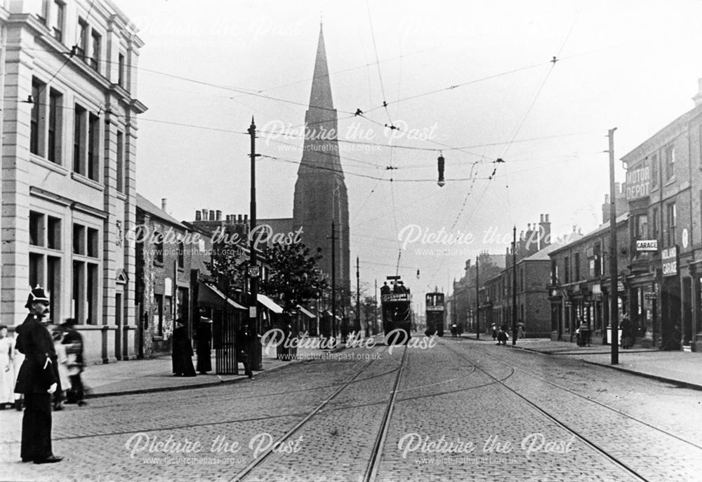 London Road, showing trams and St Andrew's Church