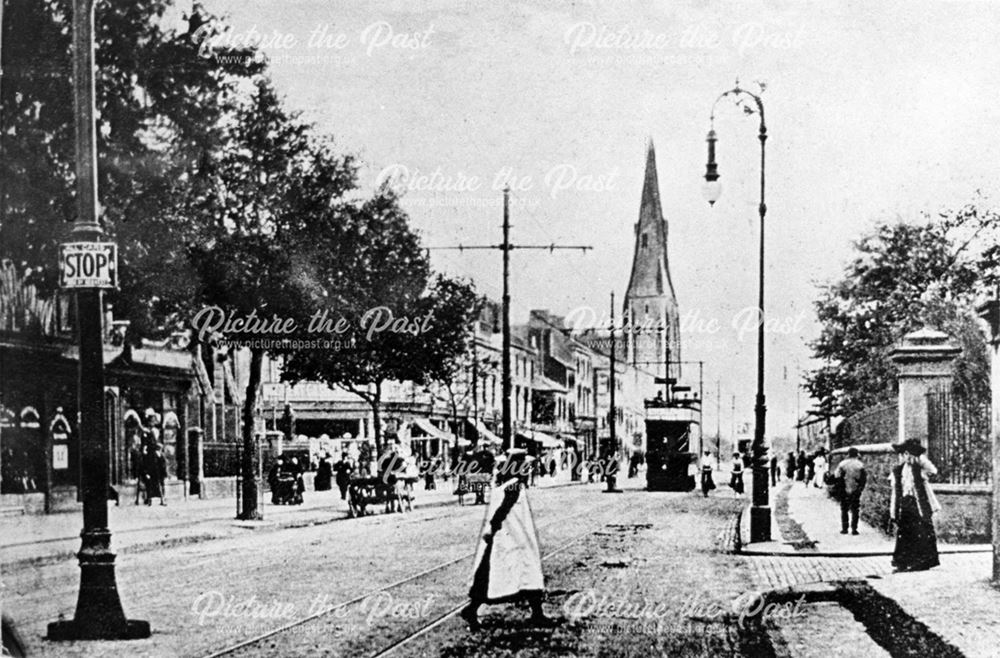 London Road, showing trams and St Andrew's Church