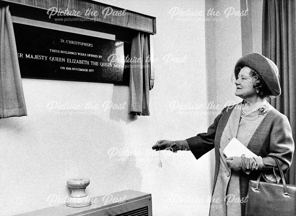 HRH Elizabeth, The Queen Mother unveils a plaque at St Christopher's