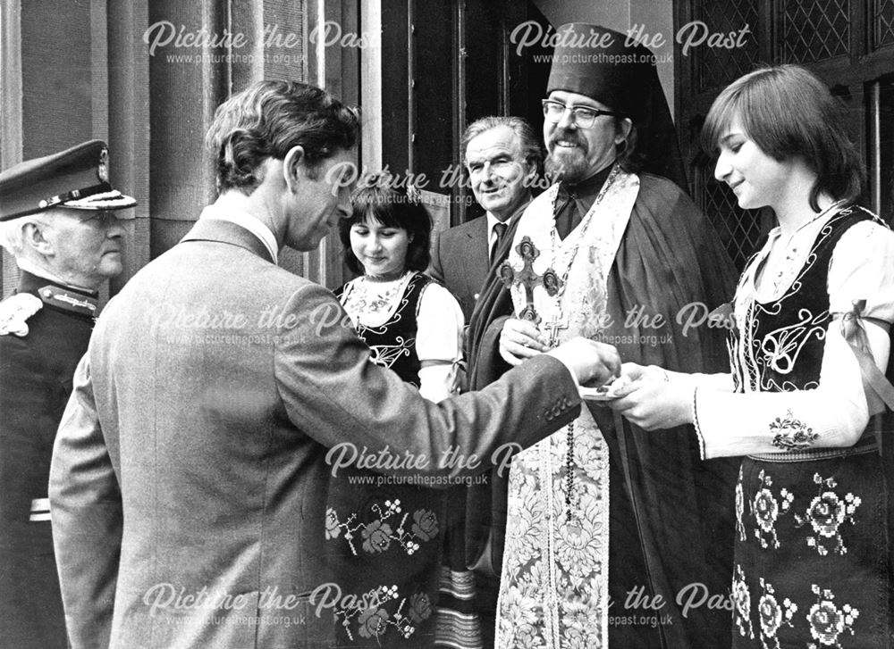 Prince Charles meets Serbian Orthadox Community Members and Priest, Normanton Rd, Derby, 1981