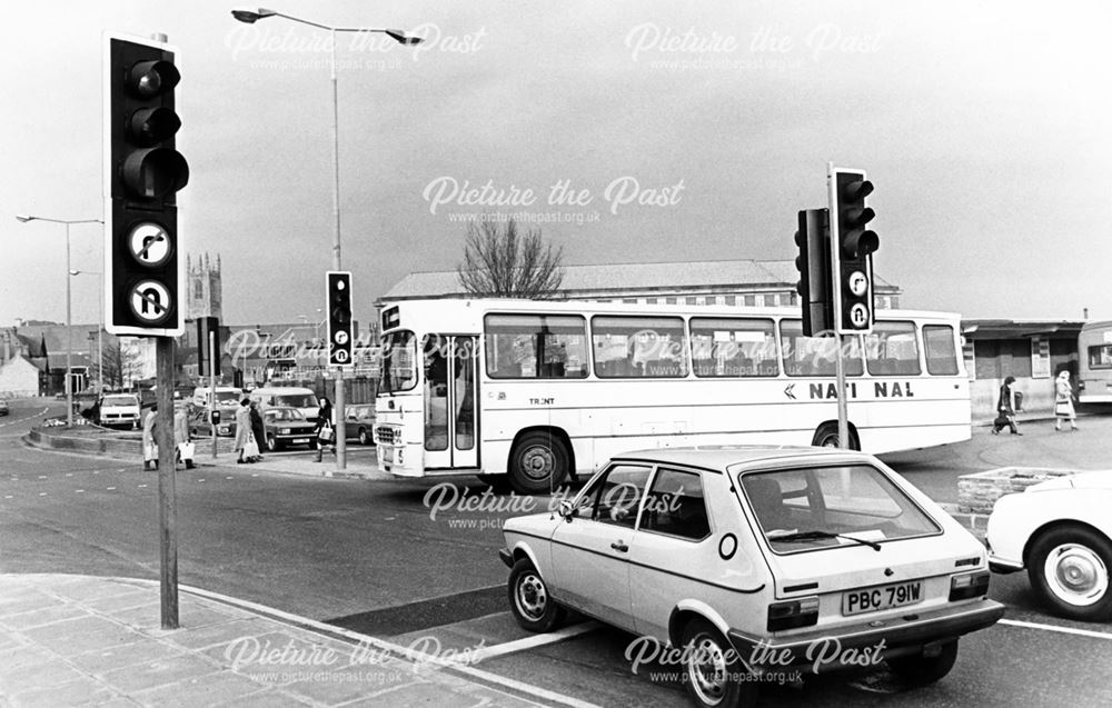 A National coach pulling out of Derby Bus Station