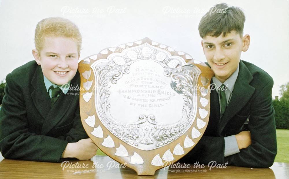 Pupils at the Royal School for the Deaf, Derby - with the Portland Championship Shield