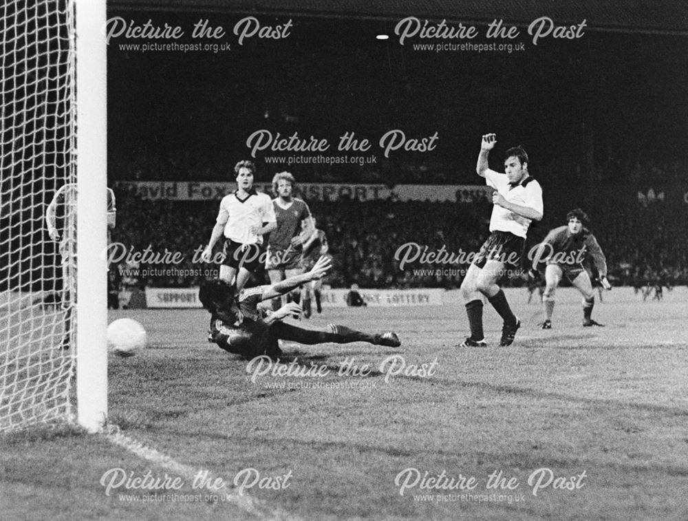 Andy Crawford scores for Derby County at Middlesborough, 1979