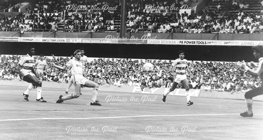 Derby County striker Phil Gee scores Against QPR, London, 1987