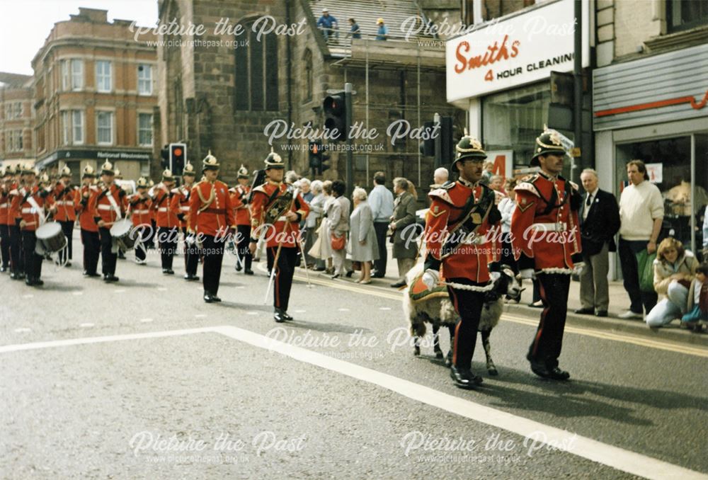 Parade of the Worcestershire and Sherwood Foresters, with 'Derby' the regimental mascot ram
