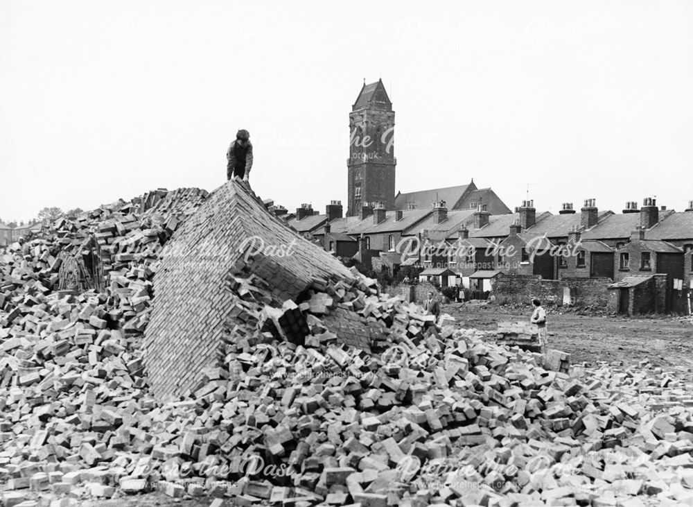 Stockbrook Street brickyard chimney after demolition