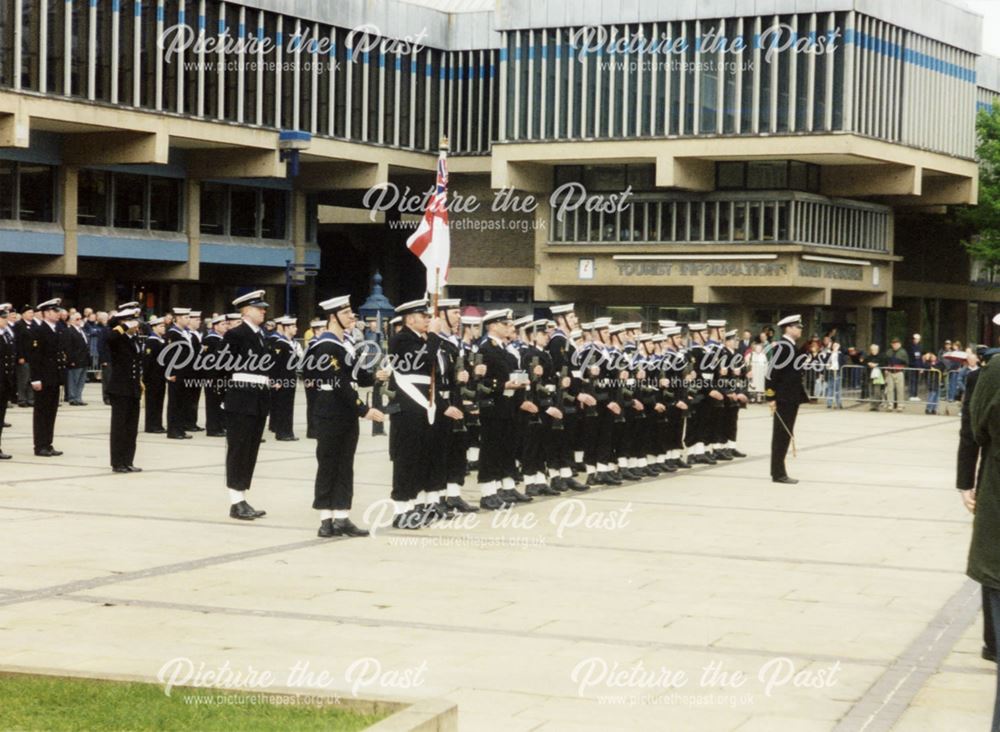 A parade in front of the Assembly Rooms during a Royal Navy and Royal Marines visit to Derby