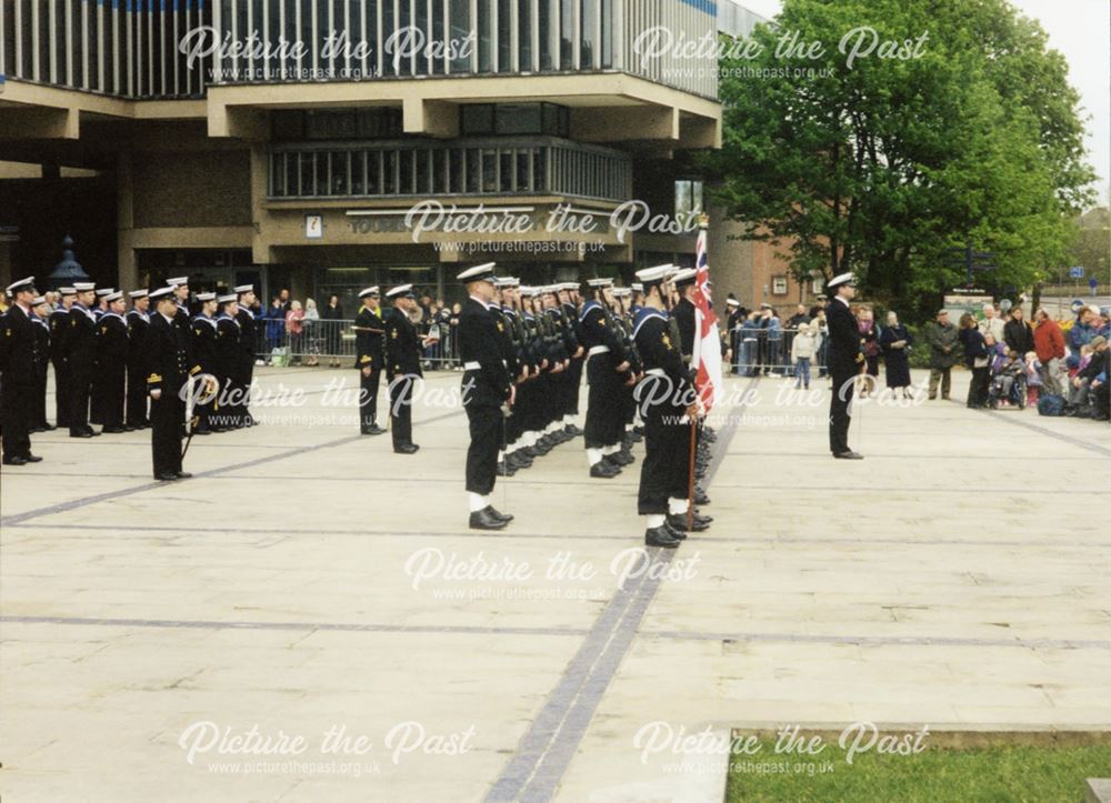 A parade in front of the Assembly Rooms during a Royal Navy and Royal Marines visit to Derby