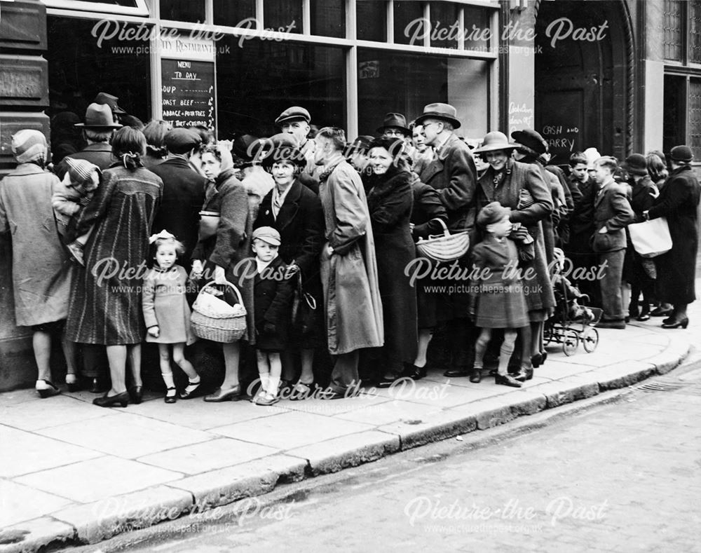 Queue outside the City Restaurant, Derby, during World War 2