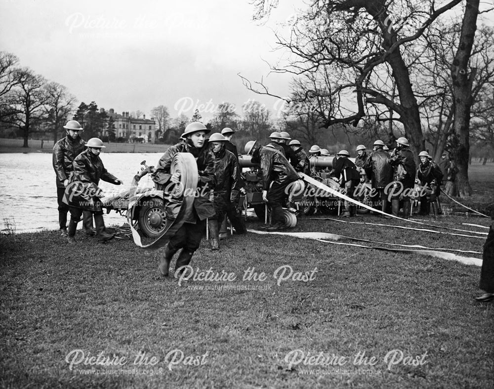 Derby Auxiliary Fire Brigade, first exercises in Markeaton Park at the start of World War 2