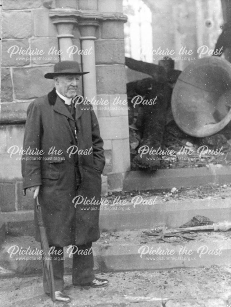 Vicar of All Saints Outside Church After the Fire, Moor Road, Breadsall, c 1914