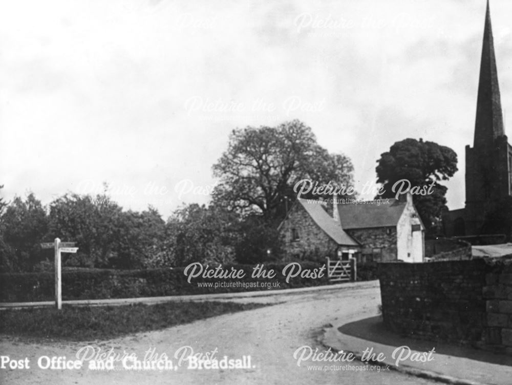 Post Office and All Saints Church, Moor Road, Breadsall, c 1930