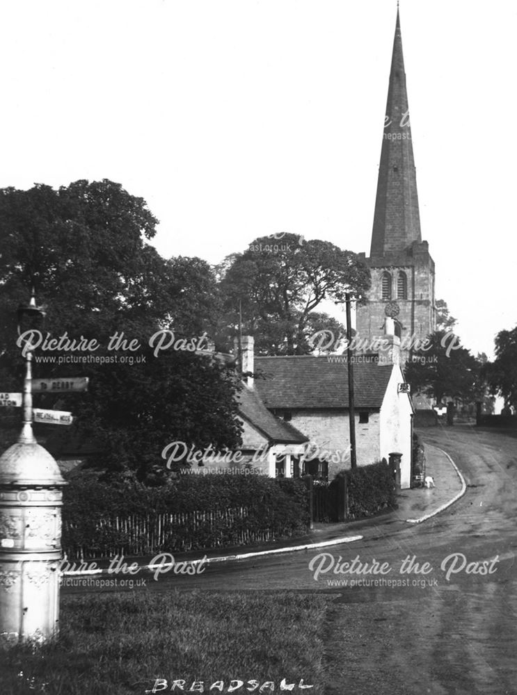 All Saints Church and Post Office from Church Lane Jucnction, Moor Road, Breadsall, c 1935-40