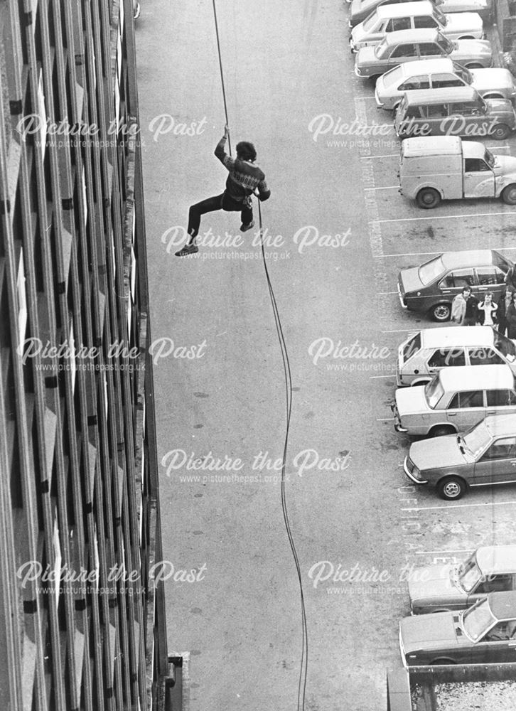 Student Abseiling down Tower, Lonsdale College, Kedleston Road, Derby, 1980