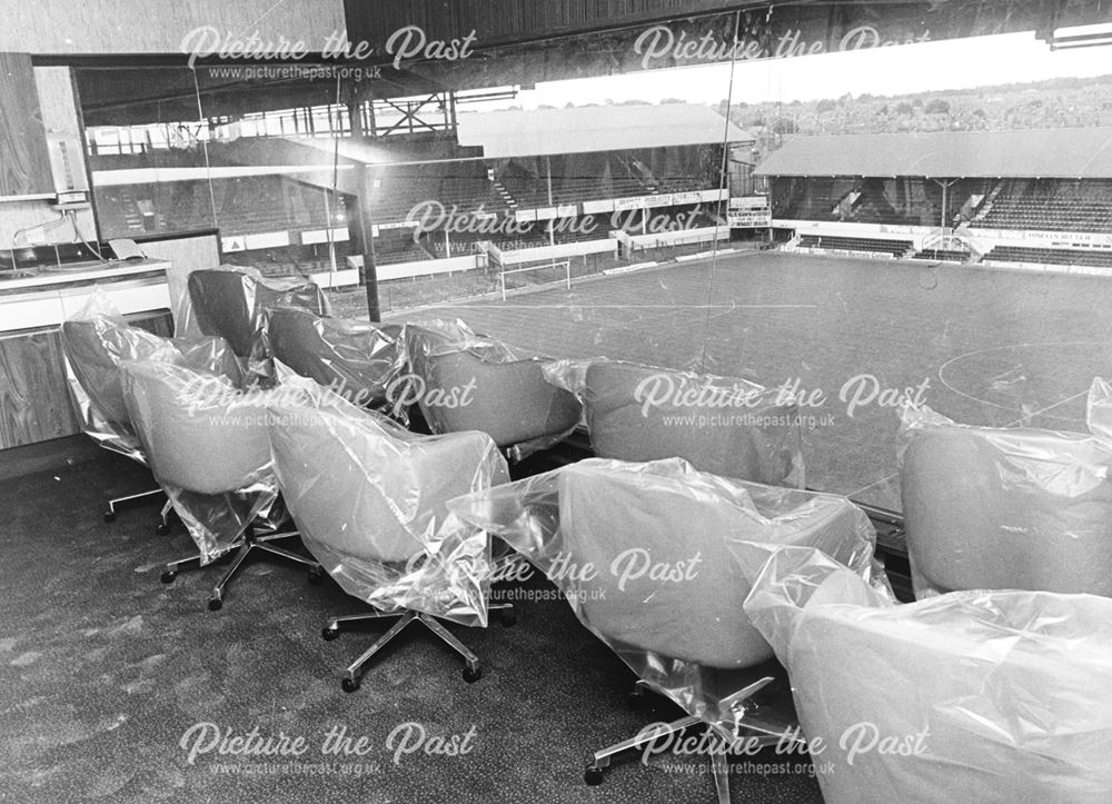 Executive boxes at back of Ley Stand, Baseball Ground, Derby, 1980