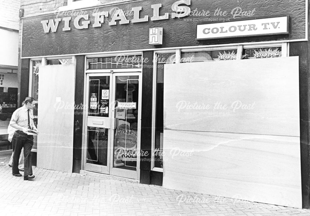 Wigfalls Shop showing riot damage, East Street, Derby, 1981