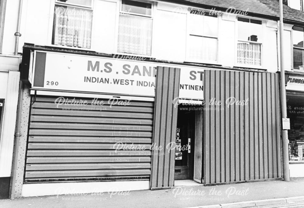 M S Sandhu shop showing riot damage, Normanton, Derby, 1981