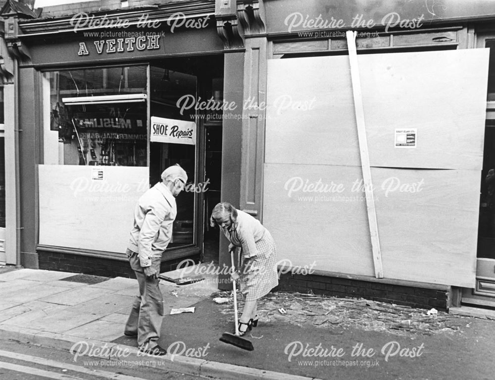 A Veitch, shop showing riot damage, Normanton Road, Derby, 1981