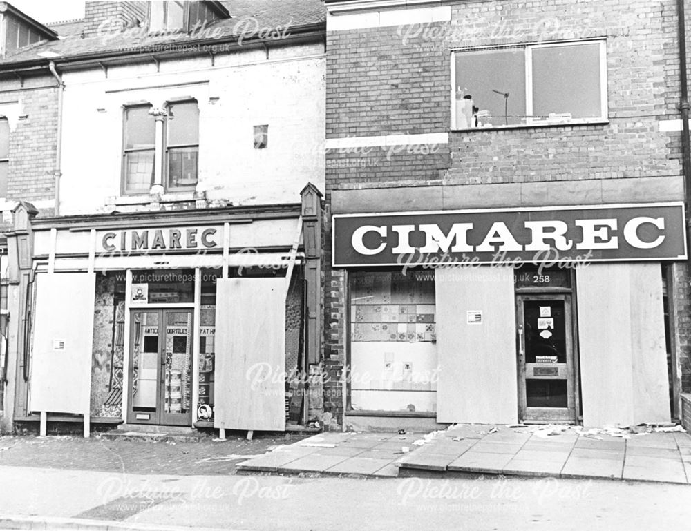 Cimarec, shop showing riot damage, Normanton Road, Derby, 1981