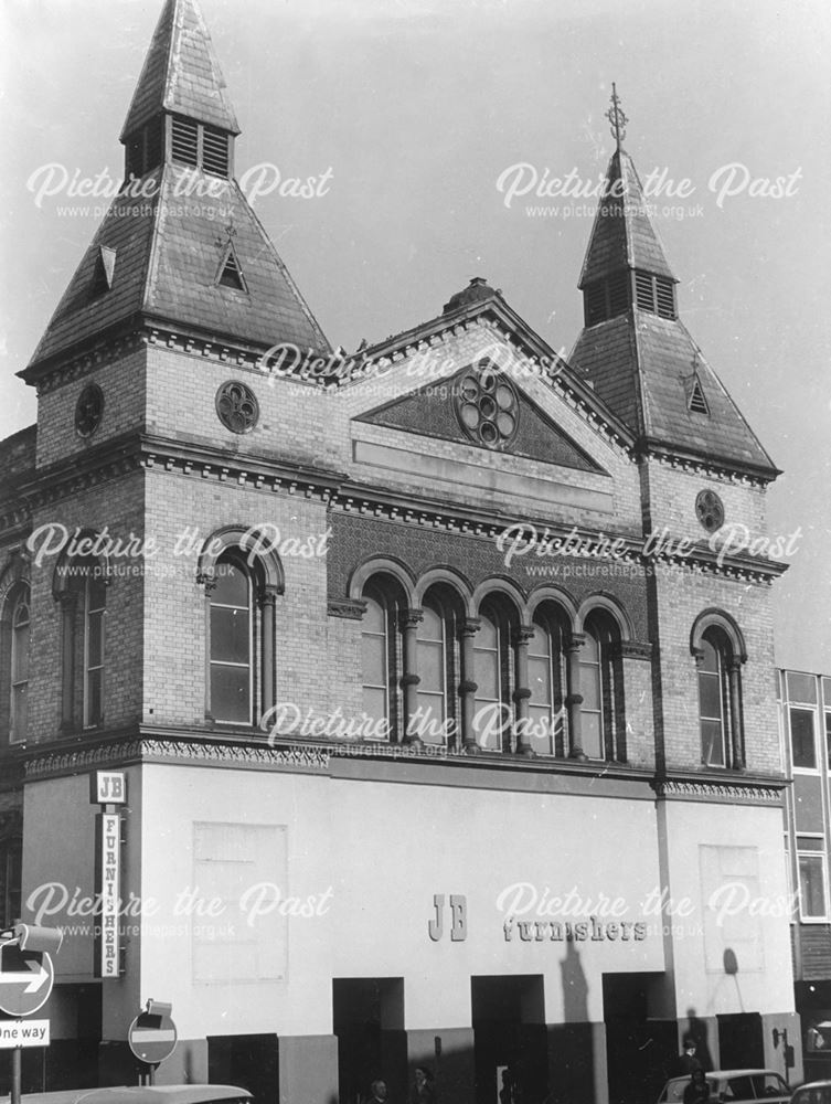 J B Furnishers shop on the corner of Green Lane and St Peter's Churchyard, Derby, c 1976 - 1977