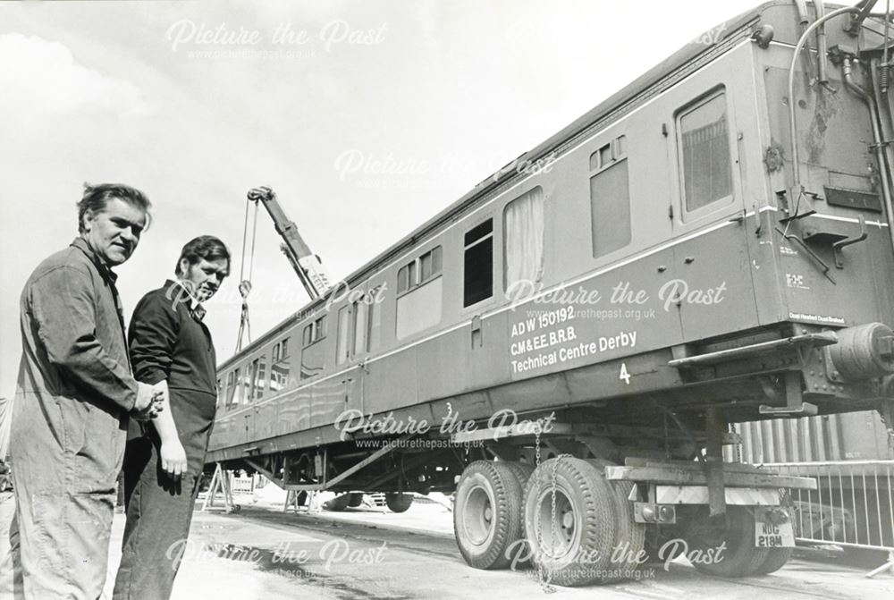 Old Railway Coach leaves Railway Technical Centre, London Road, Derby, 1983