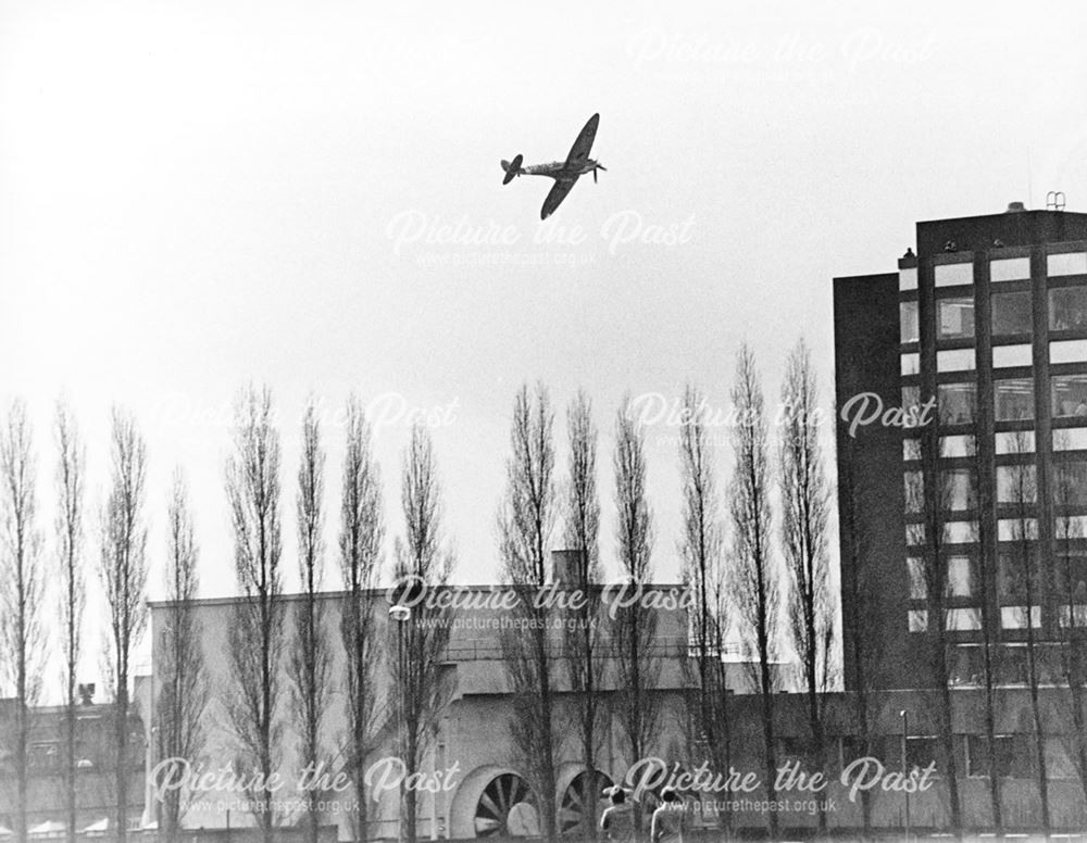 Rolls-Royce Moor Lane works, with a spitfire flying overhead