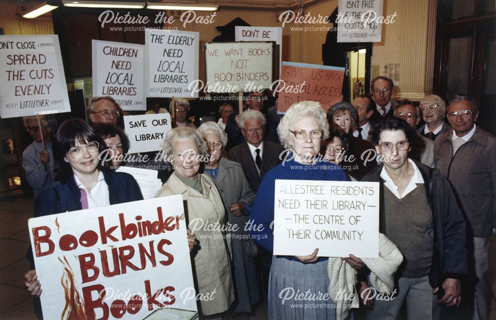 A group protesting, at County Hall Matlock, about the closure of a number of public branch libraries