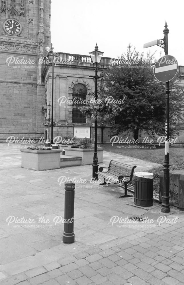 View showing benches and streetlamps outside the Cathedral following pedestrianisation