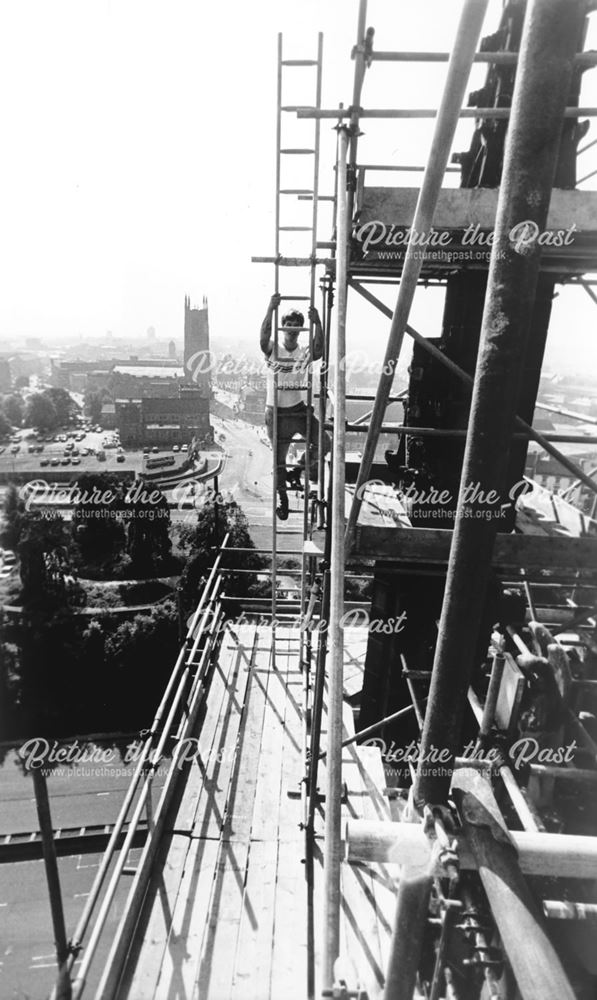 Scaffolding erected around St Mary's Church at the time of renovation