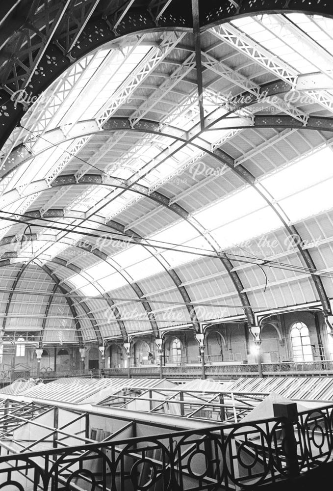 Interior of Guildhall market during refurbishment viewed from balcony